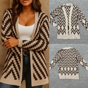 Cyrus Women’s Open Front Cardigan Sweater Sz S Brown Aztec Boho Ribbed Knit Long